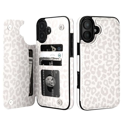 HAOPINSH iPhone 16 Plus Case Wallet with Card Holder White Leopard Cheetah Pattern PU Leather Kickstand Shockproof Cover 6.7
