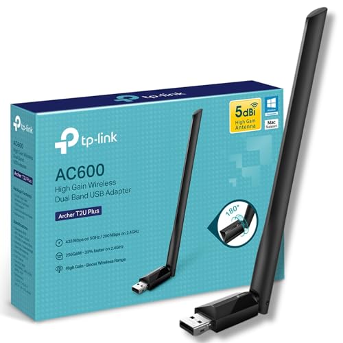 TP Link AC600 High Gain USB Wi Fi Dongle, Dual Band Wi Fi Adapter with 5dBi Antenna for PC/Desktop/Laptop, Supports Windows11/10/8.1/8/7/XP, Mac OS X 10.9 10.14 (Archer T2U Plus)