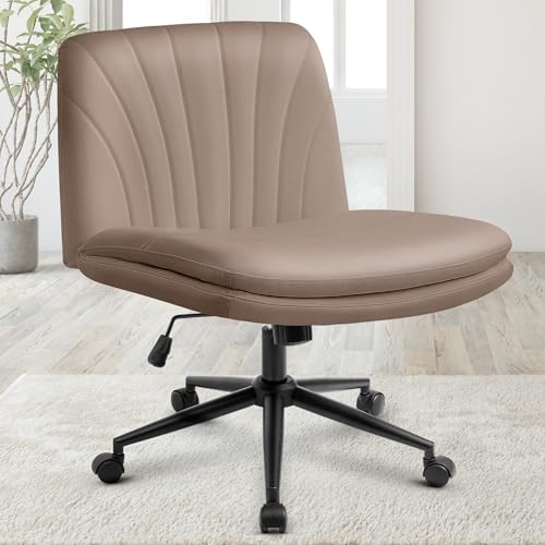 Orange Factory Criss Cross Chair with Wheels Comfy Wide Vanity Desk Chair Dual Base Leather Armless Adjustable Swivel for Home Computer Task (Brown)