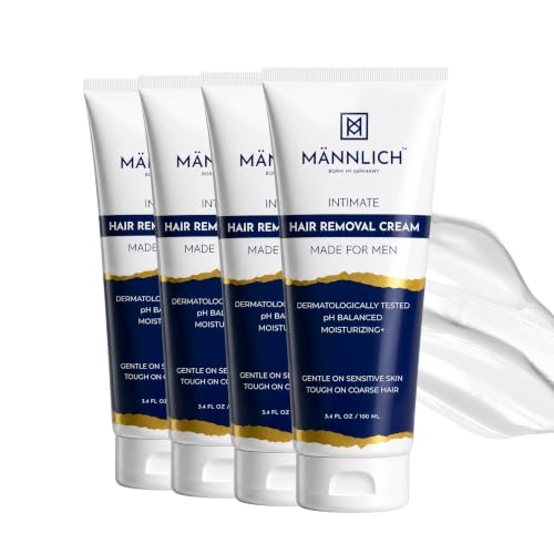 Image of Mannlich Intimate /Private Hair Removal Cream for Men, Painless, Faster, Soothing for Unwanted Coarse Pubic Hair, Suitable For All Skin Types, 400 ml (Pack of 4)