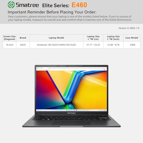 Image of Smatree Laptop Sleeve for 14 inch ASUS Vivobook 14X OLED K3405 /14X OLED, Case with Accessory Pocket, YKK Zipper, Patented Super-Corner Design (E460)