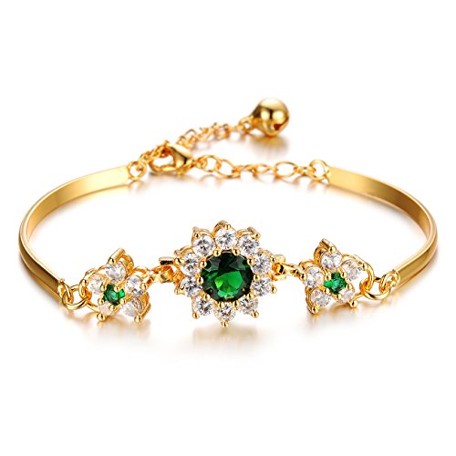 L & J 18k Yellow Gold Sparkling Green Rhinestone Halo Diamond Cut AAA CZ Flower Bangle Bracelet for Women