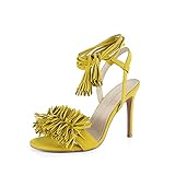 AMARANTOS Women's Fringe High Heel Sandals Open Toe Stiletto Tassels Sandals Ladies Fashion Strappy Heeled Sandals Yellow Size7