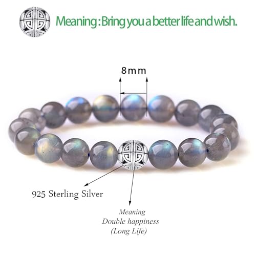 Healing Crystals Beaded Bracelets for Womens Natural Gemstone 8mm Beads Stretch Bracelets with 925 Sterling Silver Double Happiness Pendant4