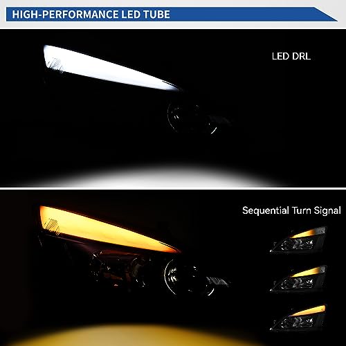 Image of oEdRo Switchback LED Tube Headlights Assembly Compatible with 2003 2004 2005 2006 2007 Accord DRL Headlamp Replacement Pair with Black Housing Clear Reflector