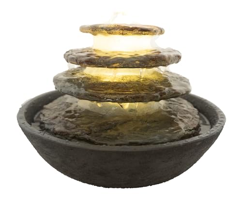 Dehner Zimmerbrunnen Hoku, Brunnen mit LED Beleuchtung, ca. Ø 24.5 cm, Höhe 16.5 cm, Polyresin, dunkelgrau