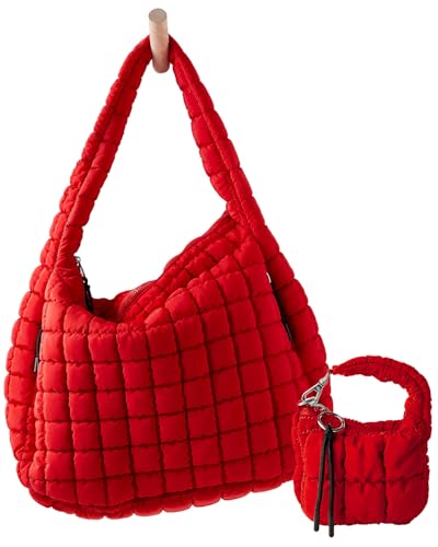 Image of Large Quilted Puffer Tote Bag for Women with Mini Pouch Puffy Crossbody Bags Purse Hobo Puff Shoulder Carryall Gym Travel
