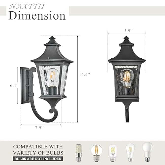 Modern 14.6 Inch Outdoor Wall Sconce Light with Water Ripple Glass in Black Finish, Aluminum Porch Light for Gardens, Garage, Yards and Entryway, E26 Socket
