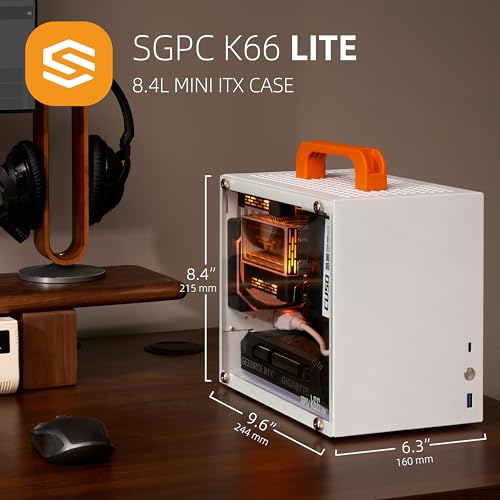 Gabinete para PC SGPC K66 Lite 8.4 L, formato Mini ITX con panel lateral de vidrio templado, soporte para GPU directa, refrigeración por aire y líquida, y ventilador ARGB miniatura 4