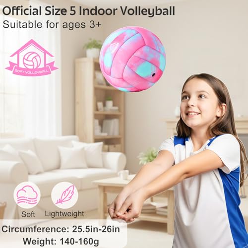 Image of Soft Indoor Volleyball, Cushioned Cover Training Ball for Beginners, Silent Indoor Volleyball with Pump, Lightweight Official Size 5 Volleyballs for House Games & Practice