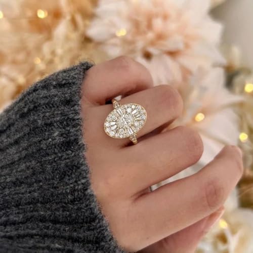 2 Ct Multi Cut Cluster Diamond Delicate Micropave Oval Shape Womens Engagement Rings 14K Gold Plated 925 Sterling Silver Handmade Customized Anniversary Ring Birthday Gift For Her2