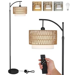 Arc Floor Lamp for Living Room with 3 Color Temperatures, Farmhouse Floor Lamps with Remote & Dimmable Bulb, Boho Standing Lamp with Rattan & Fabric Shades, Adjustable Tall Lamp for Bedroom, Office