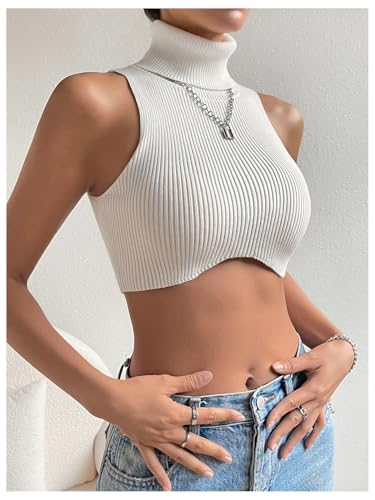 Floerns Women's Solid Sleeveless Ribbed Vest Turtleneck Knitted Crop Tank Top3