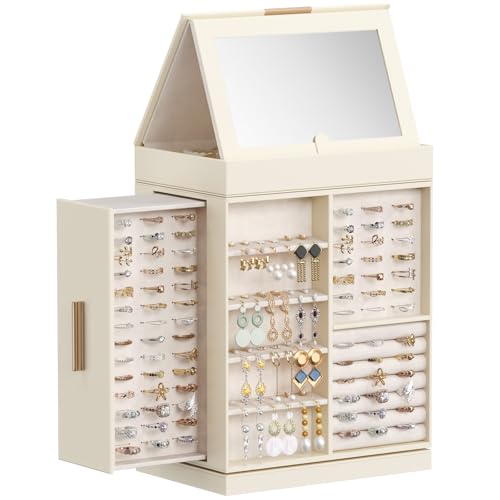 Lifewit Jewellery Box 360° Rotating, Jewellery Organiser with Mirror, Jewellery Display and Storage Case for Women, Spacious Jewellery Holder for Ring Necklace Earring Watches, Great Gift, Creamy - Cosy Home Interiors Lifewit Jewellery Box 360° Rotating, Jewellery Organiser with Mirror, Jewellery Display and Storage Case for Women, Spacious Jewellery Holder for Ring Necklace Earring Watches, Great Gift, Creamy