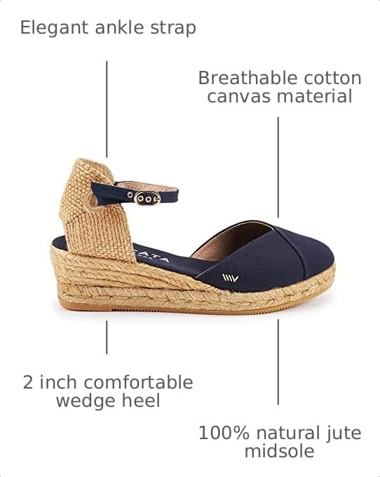 Image of Viscata Pubol Espadrille Canvas Low Wedges with Ankle Strap Spain Handmade 2 inch Heel Women's Sandals with Breathable Organic Cotton Canvas and 100% Natural Jute for all Occasions: Casual, Work, Party