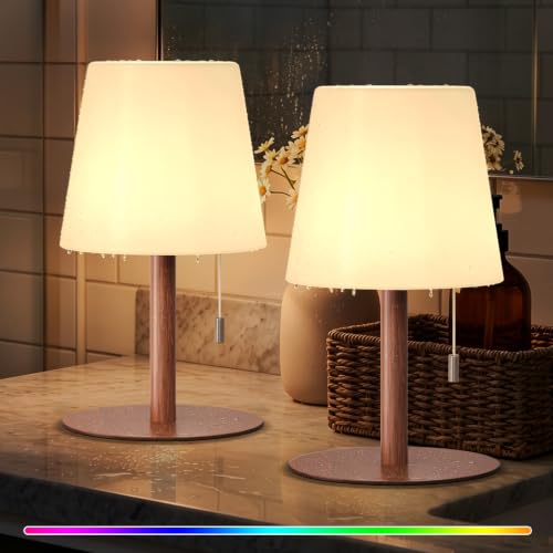 Image of uuffoo Shower Lamp Rechargeable Cordless Light Waterproof for Bathroom Spa | Portable Battery Operated Table Lamp RGB Mood Lighting LED Night Light for Patio kitchen Camping (2PCS Wood Grain)