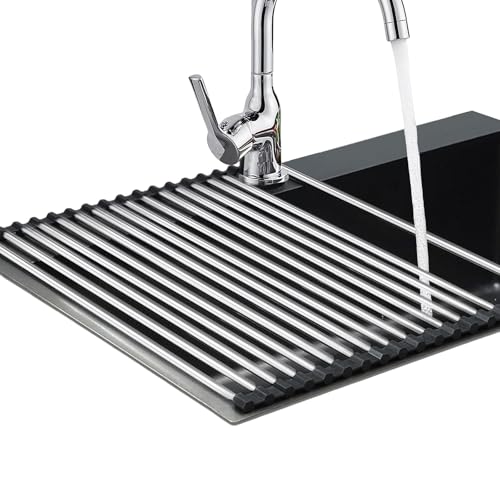 Escurreplatos Plegable sobre Fregadero, escurreplatos Plegable, escurridor Fregadero, de Acero Inoxidable, 43x35 cm, 18 Tubos, Plegable, Ideal para Vasos, Frutas y Verduras