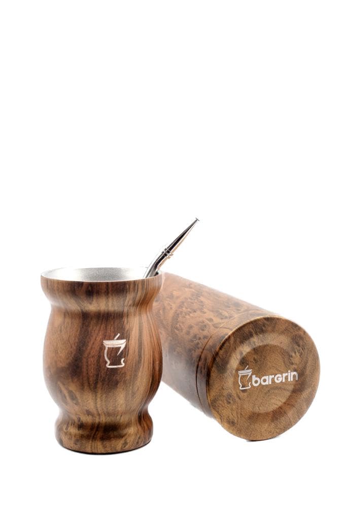 Kit con Mate, Termo y Bombilla de Acero Inoxidable - incluye vaso térmico con doble pared - libre de BPA (Marrón)