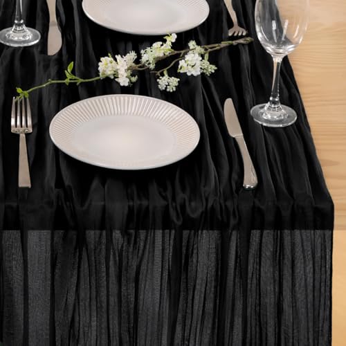 Image of MLMC 2 Pack Black Table Runner 10ft Rustic Gauze Cheesecloth Table Runner 35x120 Inches Cheese Cloth Centerpiece for Wedding Party Bridal Shower Anniversary Events Gothic Decor