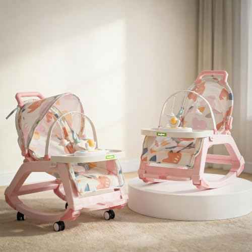 Image of Baybee Baby Rocker & Bouncer Chair for 0-3 Years | Baby Feeding Chair with Push Rocker Mode, Adjustable Canopy, Hanging Toys, 360 Wheels & 3-Point Safety Belt (Pink)