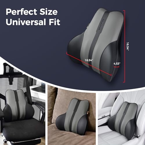 Image of Coverado Lumbar Support Pillow for Car, Ergonomic Memory Foam Back Pillow for Office Chair, Back Cushion for Back Pain Relief, PU Leather Car Lumbar Support for Driving Seat - Black&Gray