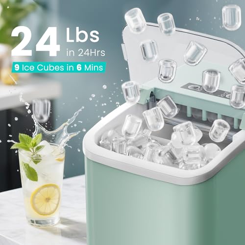 Image of OLIXIS Countertop Ice Maker Machine with Handle, Auto-Cleaning Portable Ice Maker with Basket & Scoop, 26lbs in 24Hrs & 9 Cubes in 6 Mins, 2 Cube Sizes, for Home Party Camping RV, Green