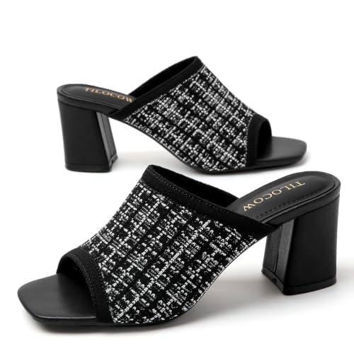 Image of Tilocow Knit Heeled Sandals for Women Square Open Toe Heeled Mules Chunky Block Low Heel Slip On Slides