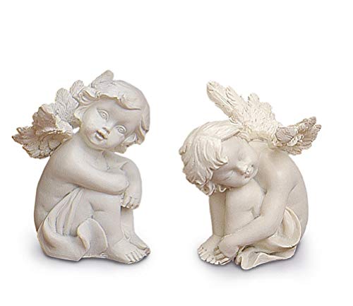 TEMPELWELT Lot de 2 figurines d'ange assis endormi - 8 cm chacune - En polypierre - Blanc vieilli - Ange gardien - Ange décoratif Cover