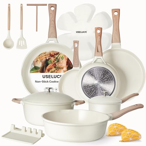21Pcs Pots and Pans Set with Aluminum Lid, Nonstick Ti-Ceramic Cookware Sets, Induction Cookware Non Stick Cooking Set w/Frying Pans & Saucepans(PFOS, PFOA Free)-White