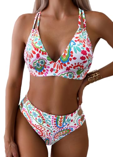 Tainehs Women's Push Up V Neck Bikini Sets Criss Cross Back Two Piece Bathing Suit