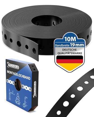 GARSIDURO Montagelochband kunststoffummantelt [19mm x 10m] | Profi Lochband Metall schwarz zur Befestigung von Kabeln Leitungen und Rohren | Flexibles Montageband Stahl Kunststoff Nagelband