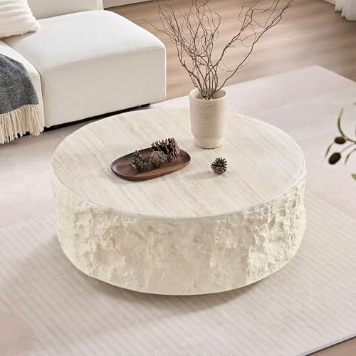 BSYEIO 35.43''Round Coffee Table for Living Room, Fiberglass Center Vintage Coffees Table,Imitation Stone Table Front of The Sofa,Modern Design Coffee Table for Office,Apartment-No Need Assembly
