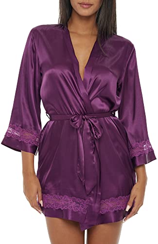 Alexander Del Rossa Womens Short Satin Lace Trim Robe Deep Purple Small #TOP27