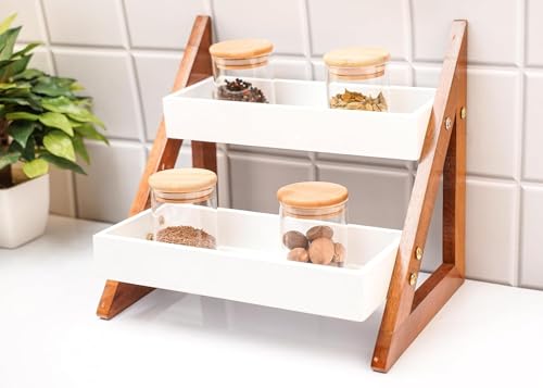 Image of 2-Tier Wooden Countertop Organizer Shelf for Kitchen Counter | Multipurpose Storage Rack for Spice Jars, Oil Bottles, Seasonings, Cosmetics & Plants | Desktop Display Shelf for Bathroom,