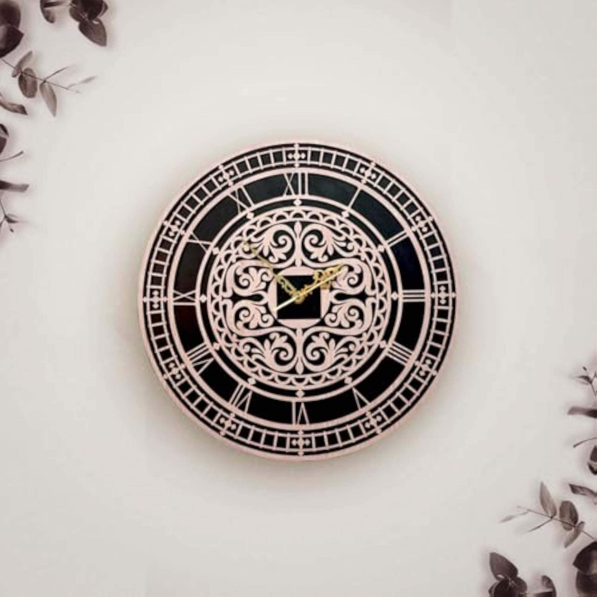 Victorian Design Decorative Wall Clock, Rose Gold and Black