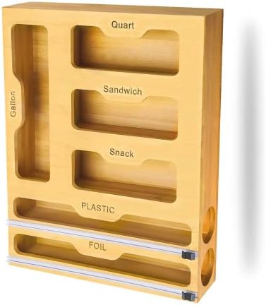LINKTION Kitchen Organization and Storage, 6 IN 1 Bamboo Ziplock Bag Organizer for Drawer, Kitchen Gadgets Suitable for Variety Size Bags