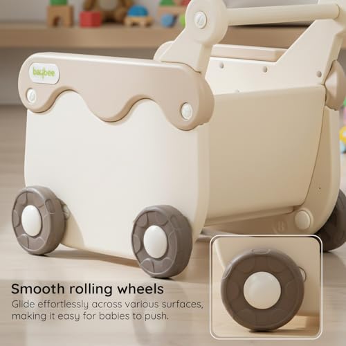 Image of Baybee 2 in 1 Push Walker with Shopping Cart for Kids | Smooth Rolling Wheels, Rounded Edges, WideToy Storage Organizer | Walking Support for Baby Boys & Girls 0-3 Years (White & Brown)