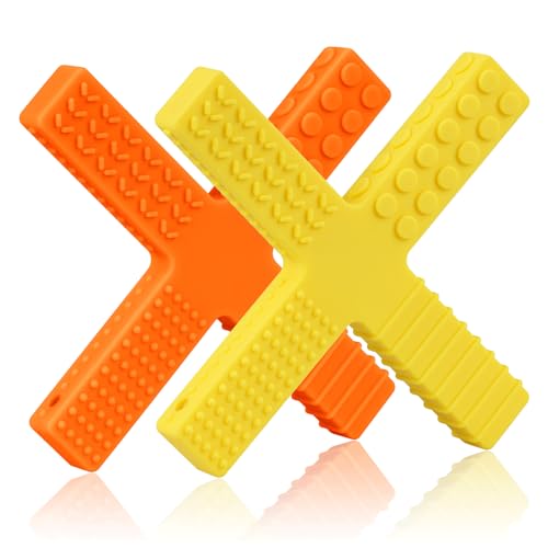 感覚噛むおもちゃ 2個パック - X字型チュアブルシリコンツール 自閉症、ADHD、SPD、または特別な口腔運動を必要とする噛む人用(オレンジ、イエロー)
