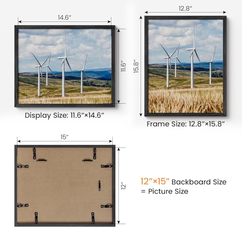 Image of 12x15 Picture Frame,Solid Oak Wood 12 inchx15 inch Photo Frame, Black Color Tempered Real Glass 12 by 15 Wooden Frames with No Mat,15x12 Picture Frames for Wall or Tabletop Display