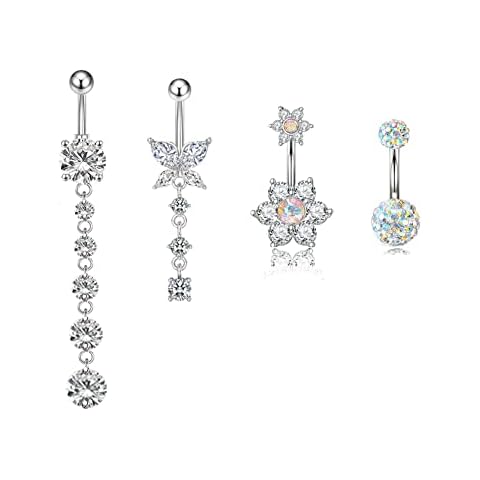 MeiziQL 4PCS 14G Surgical Steel Belly Button Ring Dangle Belly Button Rings for Women Belly Piercing Dangling Cute Heart Butterfly Flower Navel Rings Pack(Silver-Butterfly-4pcs) Cover