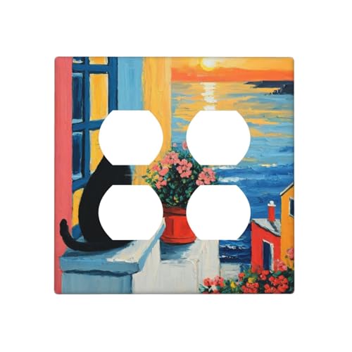 Decorative Outlet Covers Vintage Oil Painting Style Black Cat Sea Flowers 2 Gang Wall Plate Cover Double Duplex Receptacle Two Switch Light Switch Cover Plate Jumbo Dual Faceplate