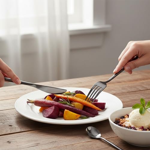 Image of 24 Pcs Black Slim Handle Stainless Steel Cutlery Set for Dining Table with Spoons and Forks Set + Butterknives - The Perfect Tableware /Flatware