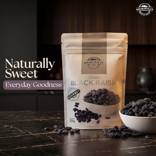 Image of KHARAWALA'S Afghani Classic Black Raisins with Seeds | Kali Kishmish (Pack of 5-250gm Each)
