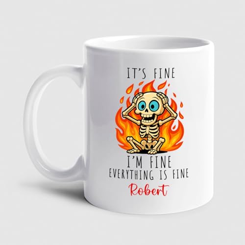 Personalized Name Skeleton Coffee Mug 11 Oz, It's Fine Everything Is Fine Ceramic Teacup For Coworker Friends Birthday, Custom Sarcastic Accent Coffee Cup Gift For Men Women, Funny Skeleton White Mug