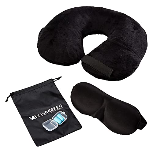 Van Beeken - Aufblasbares Nackenkissen für Reisen - mit Schlafmaske, Ohrstöpseln & Transportbeutel - Schwarz Cover