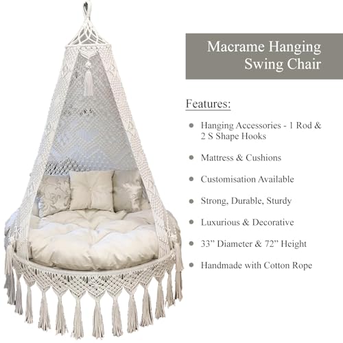 Image of KAAHIRA Bohemian Macrame Hanging Swing Chair- Aesthetic Cotton Rope Hammock for Indoor & Outdoor - Patio, Balcony, Bedroom, Living Room, Garden-Kids, Adults & Pets - Boho Decor (Off White)