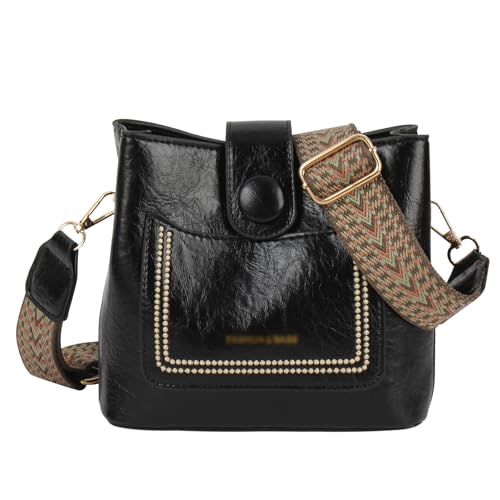 ZLM BAG US Women Vintage Crossbody Shoulder Bag Pu Leather Bucket Hobo Bag Multipockets Handbag Purse with Guitar Strap