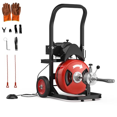 GarveeTech 100Ft 1/2 Inch Cable Drain Cleaning Machine, 450W Auto Feed Portable Electric Sewer Snake, Electric Drain Auger with 6 Cutter Air-Activated Foot Switch for 2