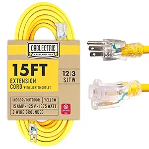 Cablectric 15ft outdoor extension cord - 15 amp 12/3 SJTW heavy duty yellow 12 gauge lighted electrical cord with 3 prong grounded plug