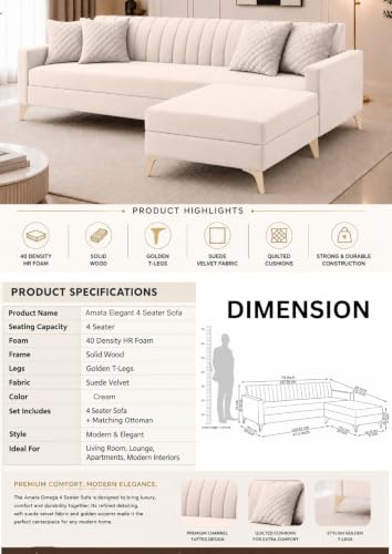 Image of AMATA Falcon ele 4 Seater Fabric Suede Velvet Cream Colour Sofa Set with Four Cushions Perfect for Home Office Guests Living Room (Falcon Cream 01, Falcon 4 Seater l Shape)(3 Year Warranty)